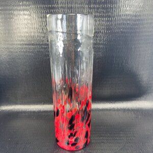 Venetian Art Glass Tall Cylinder Glass Vase Hand Blown Red Black Spots Vase VTG